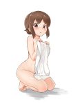  :o absurdres bangs barefoot blush brown_eyes brown_hair eyebrows_visible_through_hair full_body hair_bun highres looking_at_viewer lsizessize nude seiza seki_oriko short_hair simple_background sitting solo towel wakaokami_wa_shougakusei white_background 