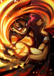  black_hair clenched_hand fire flexing highres hinomaru_zumou looking_at_viewer male_focus muscle pose red_eyes scar solo spiked_hair ushio_hinomaru waraimasuka 