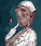 artist_request blood blood_on_face bloody_clothes breasts bubble_head_nurse cleavage faceless finger_to_cheek gloves hat heart highres monster_girl nurse nurse_cap painted silent_hill silent_hill_2 solo 