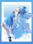  absurdres black_footwear blue blue_bow blue_eyes blue_hair bow cirno closed_mouth cloud expressionless frame full_body goback hair_bow highres ice ice_wings looking_at_viewer mary_janes outstretched_arm puffy_short_sleeves puffy_sleeves red_bow shoes short_hair short_sleeves socks solo touhou white_legwear wings 