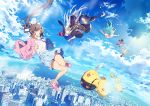  animal aqua_eyes aqua_hair bird black_hair brown_hair building city clouds dress elbow_gloves feathers gloves green_eyes group hat japanese_clothes long_hair original short_hair skirt sky summer_dress thighhighs white_hair witch witch_hat yellow_eyes yohan12 