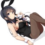  animal_ears ass bangs bare_shoulders black_hair black_hairband black_leotard black_neckwear blue_eyes blush bow bowtie breasts brown_legwear bunny_ears bunny_girl bunny_tail bunnysuit cleavage closed_mouth commentary detached_collar english_commentary eyebrows_visible_through_hair fake_animal_ears food hairband highres holding holding_food icehotmilktea legs_apart leotard long_hair looking_at_viewer lying medium_breasts on_back pantyhose sakurajima_mai seishun_buta_yarou shadow solo strapless strapless_leotard tail very_long_hair white_background white_collar wing_collar wrist_cuffs 