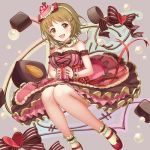  :d blush breasts brown_eyes brown_hair cake_hair_ornament chocolate cleavage commentary_request dress food food_themed_hair_ornament hair_ornament heart idol idolmaster idolmaster_cinderella_girls idolmaster_cinderella_girls_starlight_stage knees_together_feet_apart large_breasts looking_at_viewer mimura_kanako moai_(aoh) open_mouth ribbon short_hair smile solo 