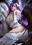  ainz_ooal_gown albedo bare_shoulders bed black_feathers black_hair black_legwear black_wings body_pillow breasts cleavage commentary dakimakura_(object) demon_girl demon_horns demon_wings detached_collar dress english_commentary feathered_wings feathers finger_to_cheek gloves hair_between_eyes hip_vent hips holding holding_pillow horns jewelry large_breasts low_wings lying necklace on_side overlord_(maruyama) parted_lips pillow pink_lips red_eyes ring sitting skeleton skull smile white_dress white_gloves wings yellow_eyes zumi_(zumidraws) 