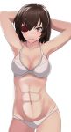  abs armpits arms_behind_head bra breasts brown_eyes brown_hair cleavage collarbone cowboy_shot eyebrows_visible_through_hair eyepatch highres kamoi_tsubame large_breasts midriff muscle panties parted_lips shiny shiny_hair short_hair simple_background smile solo sonzai_soumei standing stomach uchi_no_maid_ga_uzasugiru! underwear white_background white_bra white_panties 