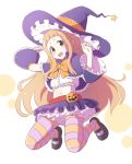  :d artist_request bangs blunt_bangs blush bow breasts brown_eyes brown_hair detached_sleeves dress frills full_body halloween hat horizontal_stripes ichihara_nina idolmaster idolmaster_cinderella_girls long_hair mary_janes navel open_mouth pantyhose petticoat pumpkin shoes simple_background skirt small_breasts smile solo striped striped_legwear third-party_source witch_hat 