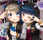  :p ;d anchor_symbol arm_around_waist bad_id bad_pixiv_id badge bangs black_choker black_jacket blue_eyes blue_hair blush bracelet breasts button_badge cellphone choker cleavage collarbone demon_horns earphones emoji eyebrows_visible_through_hair fang grey_hair group_name highres holding holding_phone hood hood_up hooded_jacket horns jacket jewelry long_sleeves looking_at_viewer love_live! love_live!_sunshine!! mkzk_nagi multiple_girls o-ring o-ring_choker one_eye_closed open_mouth paint_splatter phone print_shirt purple_eyes purple_shirt raglan_sleeves salute shared_earphones shirt smartphone smile studded_choker tongue tongue_out tsushima_yoshiko upper_body v-shaped_eyebrows v_over_eye watanabe_you white_shirt 