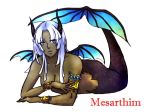  aqua_eyes armlet bat_wings blunt_ends bracelet breasts character_name cleavage closed_mouth commentary_request coral covering_nipples dark_skin forehead full_body gold_trim horns jewelry long_hair looking_at_viewer lying mermaid mesarthim monster_girl nose on_stomach saga saga_frontier silver_hair simple_background solo souun_(rundino) very_dark_skin white_background wings 