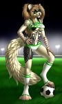  2018 5_fingers anthro blonde_hair breasts clothed clothing detailed_background digital_media_(artwork) female ferret grass green_eyes hair mammal mustelid navel smile solo standing tales_foxdale 