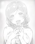  blush bow breasts deyuuku dildo dildo_licking eyebrows_visible_through_hair greyscale hair_ornament hair_scrunchie holding large_breasts licking long_hair looking_at_viewer love_live! love_live!_school_idol_project monochrome nipples nude open_mouth scrunchie solo sweat tongue toujou_nozomi twintails upper_body upper_teeth 