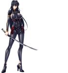  1girl annerose_vajra black_hair breasts erect_nipples full_body kagami_hirotaka katana koutetsu_no_majo_annerose koutetsu_no_majo_anneroze large_breasts legs lilith-soft long_hair looking_at_viewer sideboob smile solo standing sword weapon yellow_eyes 