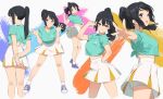  aqua_shirt black_hair blue_sneakers commentary_request cowboy_shot full_body hibike!_euphonium kamo_kamen kousaka_reina long_hair multiple_views pleated_skirt ponytail purple_eyes shirt shoes shorts shorts_under_skirt skirt sneakers socks standing t-shirt tied_shirt white_legwear white_shorts white_skirt 