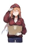  adjusting_headwear alternate_costume bangs blue_pants blush box breast_rest breasts brown_hair commentary cosplay cowboy_shot eyebrows_visible_through_hair facing_viewer girls_frontline gloves hair_between_eyes hair_ribbon hair_rings hat hataraku_saibou highres holding holding_box jacket large_breasts long_hair m1903_springfield_(girls_frontline) name_tag pants ponytail red_blood_cell_(hataraku_saibou) red_blood_cell_(hataraku_saibou)_(cosplay) ribbon shirt shuzi sidelocks simple_background smile solo white_background white_gloves 