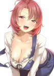  :d bangs blouse blush breasts cleavage commentary_request cow_girl_(goblin_slayer!) goblin_slayer! half-closed_eyes highres large_breasts leaning_forward nukkoru open_mouth overalls red_eyes red_hair short_hair sidelocks simple_background smile solo sweat white_background 