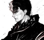  armor bangs berserk berserker_armor black_armor black_hair cuts guts injury isshiki_(ffmania7) missing_eye multicolored_hair profile scar short_hair streaked_hair sword sword_behind_back weapon 