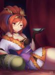  absurdres black_gloves blush bowl breasts choker commentary_request eyebrows_visible_through_hair gloves gogatsu_fukuin highres long_hair looking_at_viewer lounging orange_hair ponytail sangai_senki smile solo su_shi 