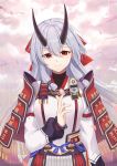  armor baseness blurry bow commentary_request depth_of_field fate/grand_order fate_(series) hair_bow hair_ribbon hair_tubes highres holding japanese_armor kote kusazuri long_hair looking_at_viewer oni_horns petals red_eyes ribbon silver_hair smile solo tomoe_gozen_(fate/grand_order) wind 