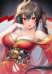  ahoge azur_lane bangs bare_shoulders black_hair blush breasts cleavage collarbone commentary eyebrows_visible_through_hair finger_to_mouth hair_between_eyes hair_ribbon highres huge_breasts japanese_clothes kimono large_breasts long_hair looking_at_viewer mask mask_on_head obi off_shoulder open_mouth red_eyes red_kimono red_ribbon ribbon rigging sash shirako_sei smile solo striped striped_ribbon taihou_(azur_lane) tassel twintails very_long_hair wide_sleeves 