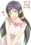  :d bow bowtie breast_squeeze breasts collarbone commentary_request covered_nipples dated deyuuku dress eyebrows_visible_through_hair frilled_dress frills green_outline hair_ornament hair_scrunchie heart large_breasts long_hair looking_at_viewer love_live! love_live!_school_idol_project open_mouth pink_dress pink_neckwear pink_scrunchie purple_hair round_teeth scrunchie smile solo teeth toujou_nozomi twintails upper_body upper_teeth white_background 