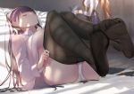  absurdres apron ass bangs black_legwear blue_pants blush braid breasts brown_hair closed_eyes closed_mouth collared_shirt commentary_request cup feet french_braid girls_frontline hair_ribbon highres holding holding_cup holding_pantyhose isaka_wasabi knees_up large_breasts legs_up long_hair long_sleeves m1903_springfield_(girls_frontline) mole mole_under_eye multiple_girls no_bra on_bed one_side_up open_clothes open_shirt panties pants pantyhose pantyhose_pull pillow purple_hair ribbon shirt sidelocks sleeping solo_focus steam thighs underboob underwear very_long_hair wa2000_(girls_frontline) white_panties white_shirt 