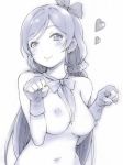  blush bokura_wa_ima_no_naka_de bow bowtie breasts deyuuku earrings fingerless_gloves gloves greyscale hair_bow hair_ornament hair_scrunchie hands_up jewelry large_breasts long_hair looking_at_viewer love_live! love_live!_school_idol_project monochrome navel nipples nude paw_pose scrunchie sketch smile solo toujou_nozomi upper_body white_background 