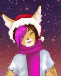  arlen_tawny blush brown_hair christmas clothed clothing ear_tuft eyes_closed feline fireworks fully_clothed hair happy hat holding_object holidays lynx mammal mishabahl multicolored_hair open_mouth purple_hair santa_hat scarf shirt smile snow snowflake snowing solo sparkler tongue tuft 