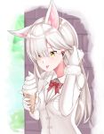  animal_ear_fluff animal_ears arm_up bangs blush bow bowtie brick_wall brown_eyes closed_mouth collared_shirt extra_ears eyebrows_visible_through_hair food fur-trimmed_sleeves fur_trim gloves grey_hair hair_over_one_eye hair_tucking highres holding holding_food ice_cream ice_cream_cone jacket kemono_friends long_hair long_sleeves looking_away looking_down oinari-sama_(kemono_friends) pikunoma red_neckwear shirt soft_serve solo tongue tongue_out upper_body very_long_hair white_gloves white_jacket white_shirt 