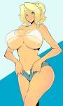  adjusting_clothes adjusting_shorts bikini bikini_tan blonde_hair blue_bikini_bottom blue_eyes breasts cleavage commentary_request cowboy_shot eyebrows_visible_through_hair girls_und_panzer hair_intakes highres huge_breasts kay_(girls_und_panzer) lips long_hair looking_at_viewer medium_hair navel parted_lips sasaki_tatsuya short_ponytail shorts solo standing swimsuit tan tanline thighs white_bikini_top 