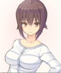  bangs breasts casual closed_mouth commentary_request eyebrows_visible_through_hair girls_und_panzer grey_shirt long_sleeves looking_at_viewer medium_breasts nishizumi_maho shirt short_hair smile solo striped striped_shirt upper_body uro white_shirt 