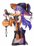  artist_name belt black_gloves blue_hair broom closed_mouth commentary detached_sleeves fire_emblem fire_emblem:_souen_no_kiseki fire_emblem_heroes from_side garter_straps gloves green_eyes halloween_costume hat headband hraaat jack-o'-lantern long_hair looking_to_the_side simple_background smile solo wayu_(fire_emblem) white_background white_headband witch_hat 