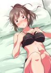  bangs bed_sheet black_bra black_panties blush bra breasts brown_hair commentary covered_nipples eyebrows eyebrows_visible_through_hair eyes_visible_through_hair frills hands_on_own_chest high_ponytail hori_yuuko idolmaster idolmaster_cinderella_girls knees_together legs_up lingerie looking_at_viewer lying navel nose_blush o_o on_back on_bed open_mouth panties pillow ponytail short_ponytail solo surprised susutaketakumi underwear wide-eyed 