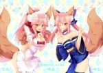  :3 animal_ear_fluff animal_ears apron bell bell_collar blue_kimono blue_legwear blue_ribbon blush breasts cat_hair_ornament cat_paws cleavage collar fangs fate/extra fate/grand_order fate_(series) fox_ears fox_girl fox_shadow_puppet fox_tail gloves hair_ornament hair_ribbon hiiro_yuya japanese_clothes jingle_bell kimono large_breasts long_hair looking_at_viewer maid_headdress multiple_girls naked_apron one_eye_closed open_mouth paw_gloves paws pink_hair ponytail red_ribbon ribbon tail tamamo_(fate)_(all) tamamo_cat_(fate) tamamo_no_mae_(fate) yellow_eyes 