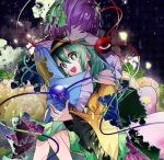  commentary_request flower frilled_sleeves frills green_eyes green_hair hat hidden_eyes highres hug katayama_kei komeiji_koishi komeiji_satori multiple_girls open_mouth petals purple_hair siblings sisters tears third_eye touhou unmoving_pattern 