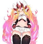  ass_visible_through_thighs bare_shoulders black_legwear black_sleeves blonde_hair blush bow closed_mouth commentary_request cowboy_shot crop_top detached_sleeves facial_mark fang fang_out fate/grand_order fate_(series) forehead forehead_mark from_below gradient_hair gradient_horns hair_bow hair_ornament horns ibaraki_douji_(fate/grand_order) ibaraki_douji_(swimsuit_lancer)_(fate) kanro_ame_(ameko) lace lace-trimmed_thighhighs long_hair long_sleeves looking_at_viewer looking_down micro_shorts midriff multicolored_hair navel nose_blush oni oni_horns perspective pink_hair pleated_shorts red_horns shorts sidelocks simple_background solo thighhighs trembling upshorts very_long_hair wavy_mouth white_background white_bow white_shorts yellow_eyes 