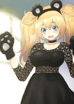  alternate_costume animal_ears bear_ears bear_paws black_choker black_dress blonde_hair blue_eyes breasts choker collarbone commentary_request cosplay cowboy_shot dress enemy_lifebuoy_(kantai_collection) gambier_bay_(kantai_collection) gloves hairband highres kantai_collection large_breasts looking_at_viewer masukuza_j open_mouth paw_gloves paws solo twintails when_you_see_it 