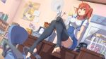  artoria_pendragon_(all) bedroom black_legwear blue_shorts brown_eyes brown_hair crossed_legs dutch_angle fate/grand_order fate_(series) fujimaru_ritsuka_(female) hair_between_eyes hair_ornament hair_scrunchie hand_in_hair highres indoors kiaji_(pixiv7643817) medjed open_mouth saber scrunchie shiny shiny_hair shirt short_hair short_shorts short_sleeves shorts side_ponytail sitting solo suspender_shorts suspenders thighhighs white_shirt yellow_scrunchie 