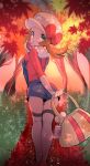  ass autumn bag brown_eyes brown_hair chorimokki commentary_request denim falling_leaves hat hat_ribbon kotone_(pokemon) leaf leggings long_sleeves looking_at_viewer maple_leaf overall_shorts overalls poke_ball pokemon pokemon_(game) pokemon_hgss red_shirt ribbon shirt solo tree white_hat 