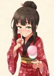  bangs black_hair blush closed_mouth commentary_request dango eyebrows_visible_through_hair feeding finger_to_mouth food green_eyes hair_bun hair_ornament hamaguchi_ayame holding holding_food idolmaster idolmaster_cinderella_girls japanese_clothes kimono long_hair looking_at_viewer obi pov_feeding red_kimono sanshoku_dango sash simple_background smile solo susutaketakumi wagashi 