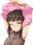  armpits arms_up artist_name bangs black_hair blush commentary eyebrows_visible_through_hair fishnets green_eyes hamaguchi_ayame idolmaster idolmaster_cinderella_girls one_eye_closed open_mouth pink_shirt shirt sidelocks simple_background solo susutaketakumi sweat undressing white_background 