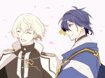  ^_^ blonde_hair blue_eyes blue_hair closed_eyes higekiri_(touken_ranbu) jacket_on_shoulders japanese_clothes male_focus mikazuki_munechika multiple_boys open_mouth petals smile touken_ranbu upper_body yamazaki_mitsuko 