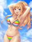  :d armpits arms_behind_head arms_up bangs bikini blonde_hair blue_eyes blush breasts cleavage cloud cloudy_sky commentary_request cowboy_shot day flower front-tie_bikini front-tie_top hair_flower hair_ornament idolmaster idolmaster_cinderella_girls jewelry large_breasts long_hair looking_back multicolored multicolored_bikini multicolored_clothes multicolored_stripes nail_polish natsuyu navel necklace ootsuki_yui open_mouth outdoors pendant pink_lips pink_nails ribbon round_teeth side-tie_bikini side_ponytail signature skindentation sky smile solo sparkle stomach striped striped_bikini swimsuit teeth upper_teeth wavy_hair white_ribbon 