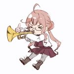  ahoge boots bunny ceroliz chibi commentary_request full_body grey_legwear hair_bun highres instrument kantai_collection long_hair long_sleeves makigumo_(kantai_collection) pantyhose pink_hair simple_background sleeves_past_wrists trombone white_background 