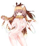  absurdres animal_ears breasts brown_eyes brown_hair cleavage collared_shirt covered_mouth dress_shirt giraffe_ears giraffe_girl giraffe_horns giraffe_print gradient_hair hair_spread_out hands_up highres kemono_friends leaning_forward long_hair looking_at_viewer medium_breasts multicolored_hair naked_shirt open_clothes open_shirt pikunoma print_scarf reticulated_giraffe_(kemono_friends) scarf see-through shirt short_sleeves simple_background solo very_long_hair white_background white_hair white_shirt yellow_scarf 