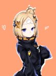  abigail_williams_(fate/grand_order) bangs black_bow black_jacket blonde_hair blue_eyes blush bow brown_background closed_mouth commentary_request crossed_bandaids eyebrows_visible_through_hair fate/grand_order fate_(series) hair_bow hair_bun hand_up heart heroic_spirit_traveling_outfit highres jacket koro_(tyunnkoro0902) long_hair long_sleeves looking_at_viewer orange_bow outline parted_bangs polka_dot polka_dot_bow sleeves_past_fingers sleeves_past_wrists solo star white_outline 