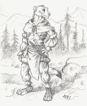  0laffson 2017 4_fingers 4_toes anthro bevan_(btwd) beyond_the_western_deep clothed clothing day digitigrade ermehn ermine male mammal mustelid outside smile solo standing toes traditional_media_(artwork) weasel 