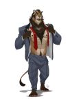  2018 abs anthro chest_tuft clothed clothing digital_media_(artwork) feline fur furrybob hair hi_res lion male mammal muscular muscular_male necktie open_shirt pants pecs shirt simple_background tuft white_background 