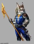  2018 absurd_res anthro black_nose canine clothed clothing fur green_eyes hi_res male mammal muscular piercing seth_(tas) tokyo_afterschool_summoners wolfmalro 
