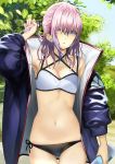  arm_over_shoulder arm_up armpits ass_visible_through_thighs bangs bikini blue_eyes blue_sky bottle breasts cleavage commentary_request cowboy_shot day girls_frontline hair_between_eyes hair_over_one_eye holding jacket long_hair looking_at_viewer navel open_clothes open_jacket outdoors parted_lips pink_hair purple_hair side-tie_bikini sky small_breasts solo st_ar-15_(girls_frontline) swimsuit swimsuit_under_clothes takatou_suzunosuke tree water_bottle 
