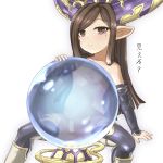  1girl artist_request arulumaya bangs breasts brown_eyes brown_hair censored crystal_ball detached_sleeves eyebrows fake_horns granblue_fantasy hair_ornament harvin highres long_ears long_hair looking_at_viewer matching_hair/eyes mole mole_under_eye see-through small_breasts smile solo thighhighs translation_request 