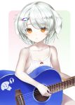  albino allen_(xashon) animal_ears brown_eyes collarbone commentary_request copyright_request dog_ears expressionless guitar hair_ornament hairclip instrument pale_skin plectrum short_hair silver_hair virtual_youtuber 